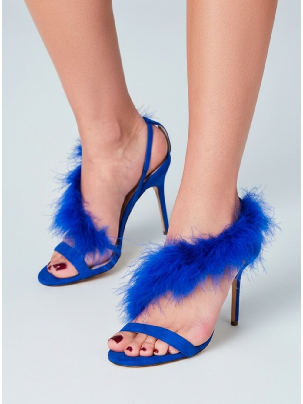 Blue Feathered Open-Toe Stiletto Heels With Side Straps & Faux Suede Finish